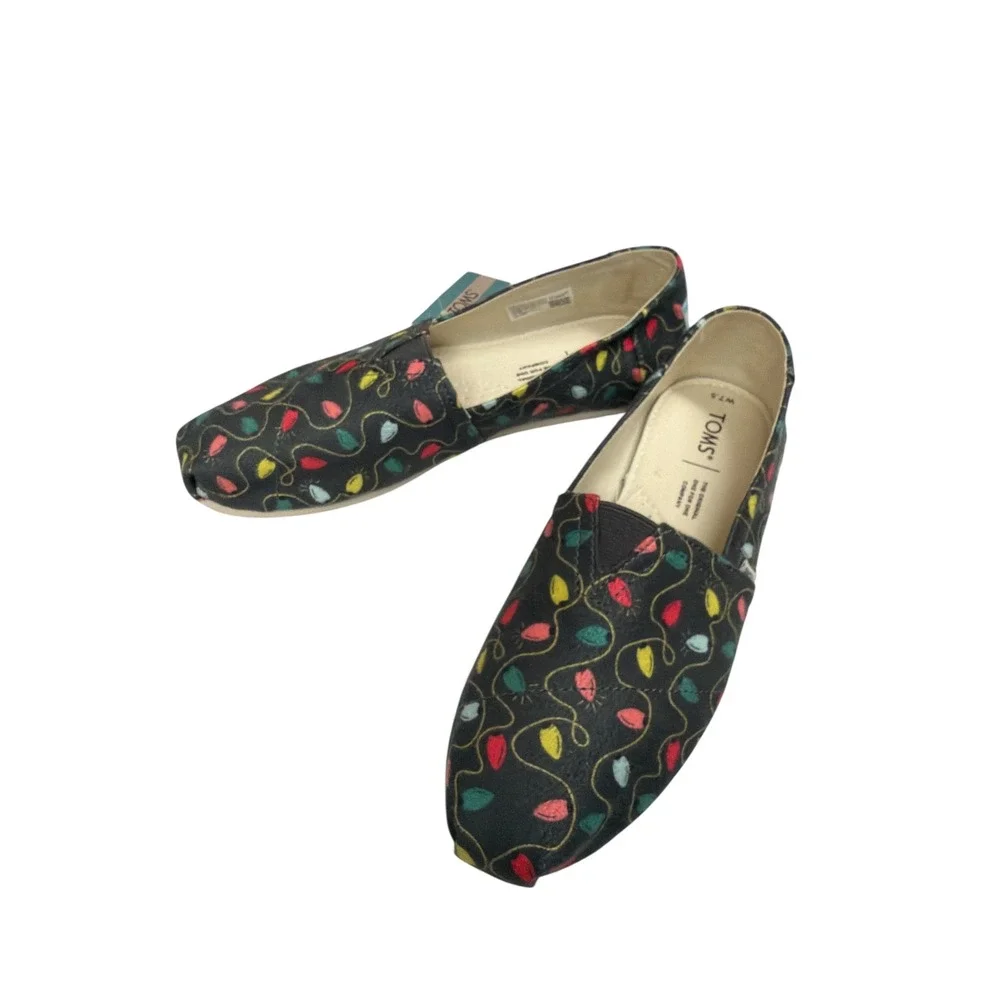 TOMS‎ Belmont  7.5 Forged Iron Tree Lights Print Christmas Slip On Flats NEW
